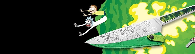 Rick and Morty edition banner with a chef knife against a green portal