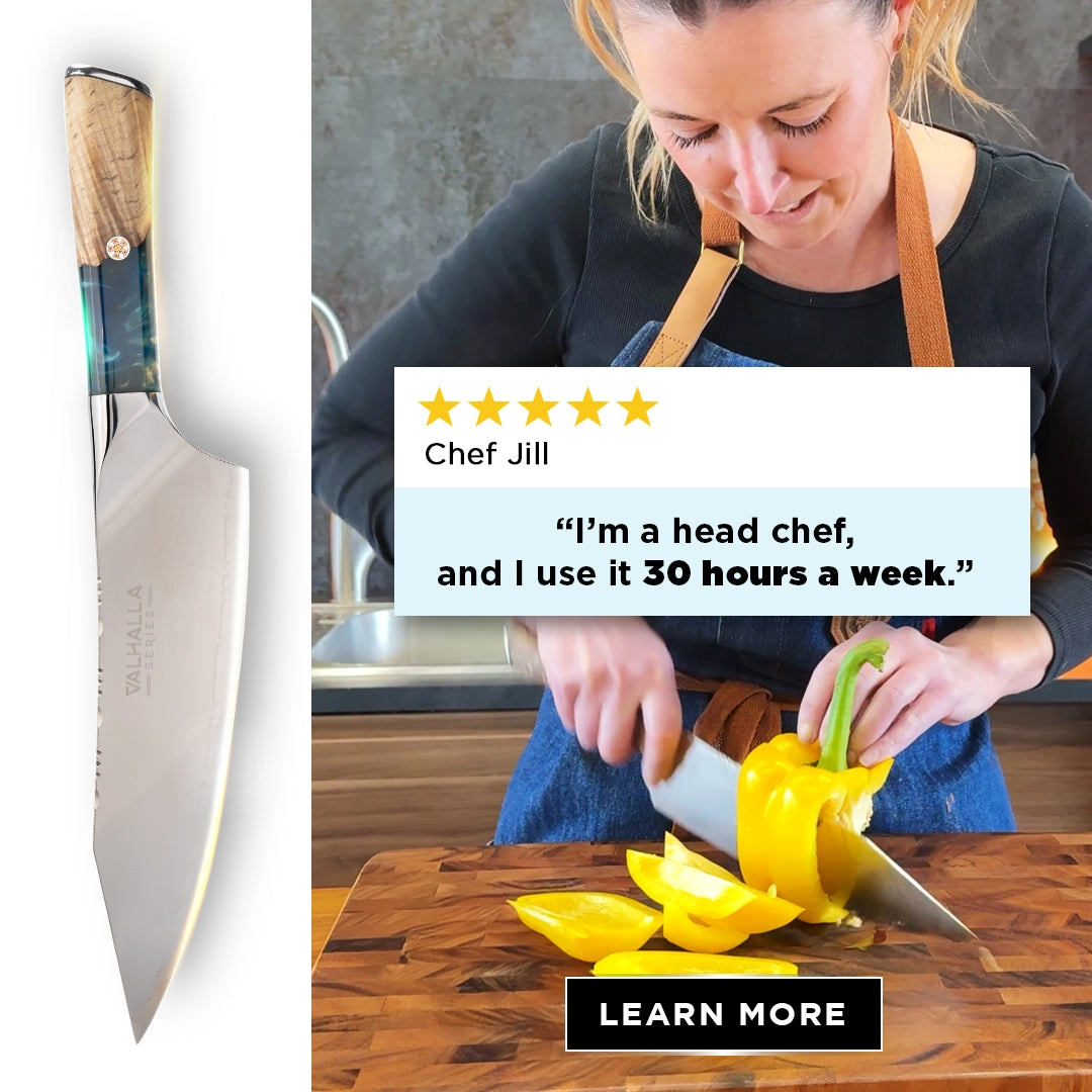 Valhalla 8 inch chef knife ad with a cook slicing a yellow pepper and a review card