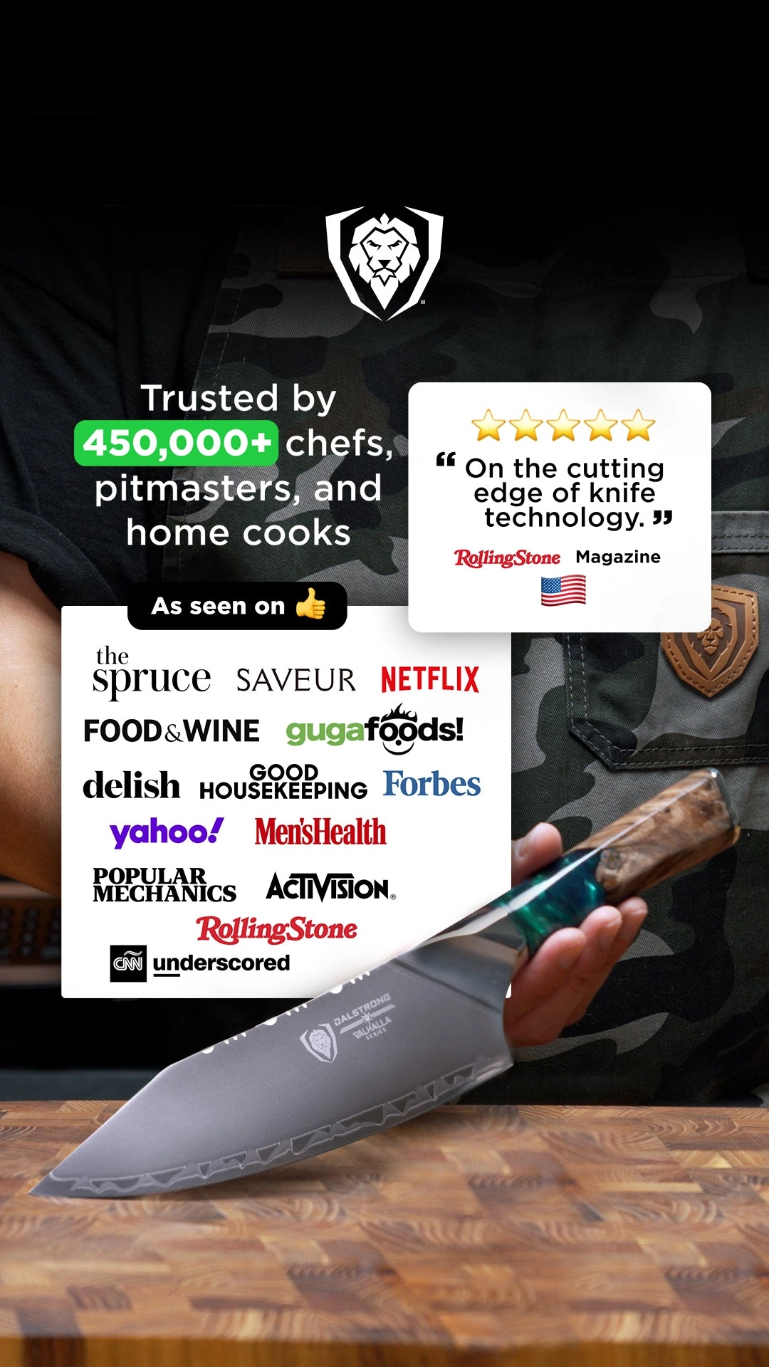 Valhalla chef knife on a board under a trusted-by panel with press logos