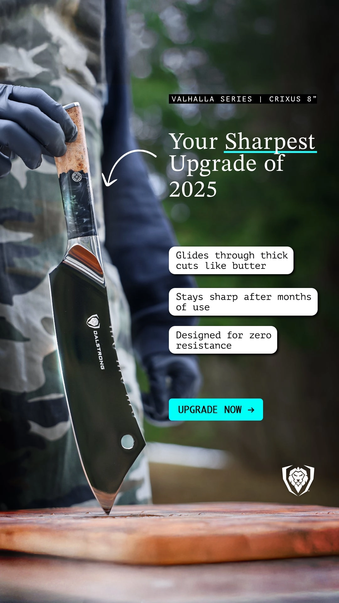 Vertical ad for the Crixus chef and cleaver hybrid knife in black