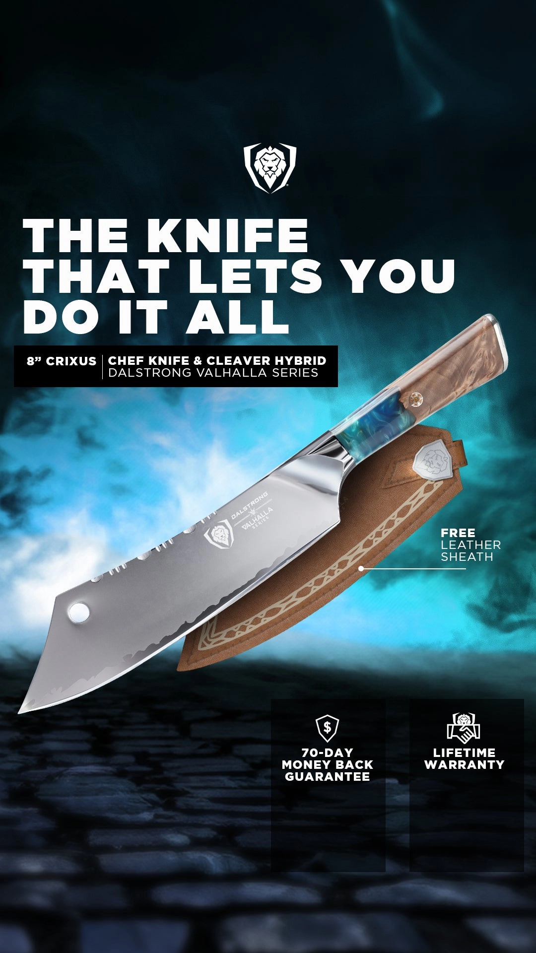 Vertical ad of a hybrid knife with feature callouts on a dark background