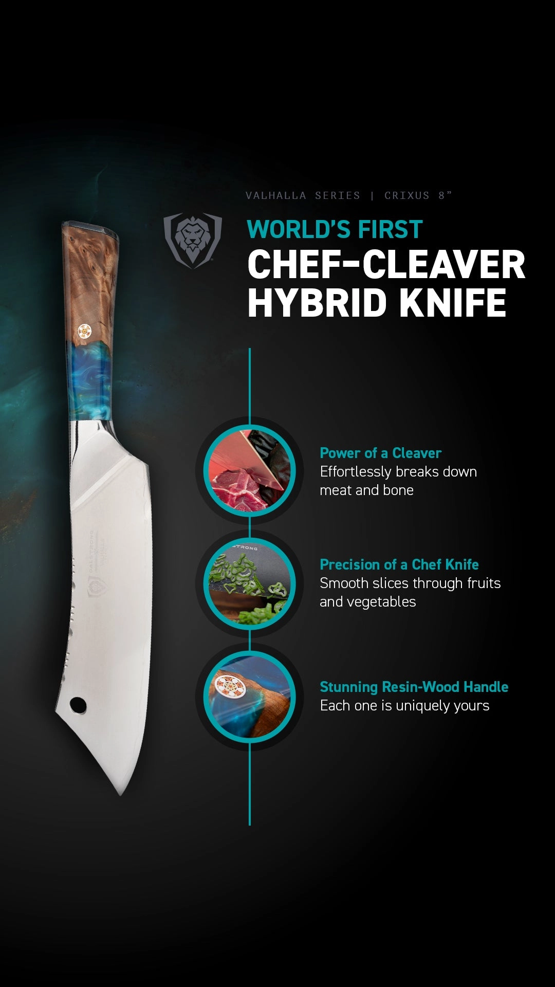 Teal-toned vertical ad for the Chef and Cleaver hybrid knife