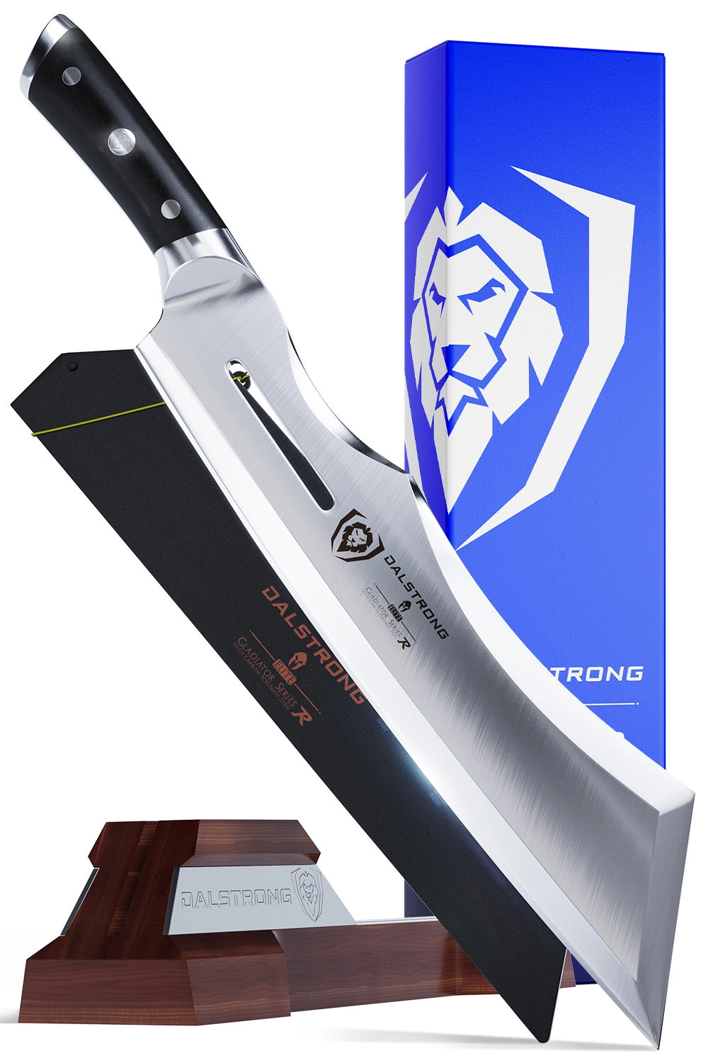 Dalstrong Gladiator 14 inch Annihilator cleaver with black handle and stand in front of its premium packaging