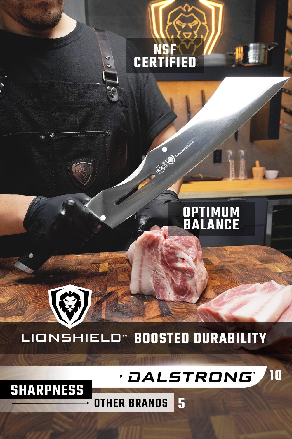 Gloved hand lifting the Annihilator cleaver over cut pork on a board