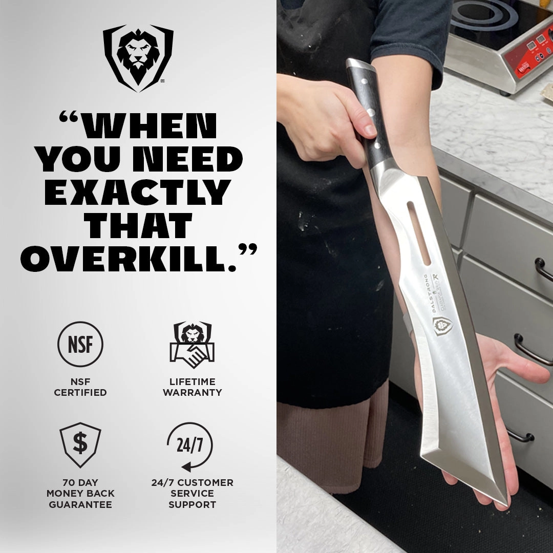 Annihilator cleaver held up beside a cutting board in a bold black and white ad