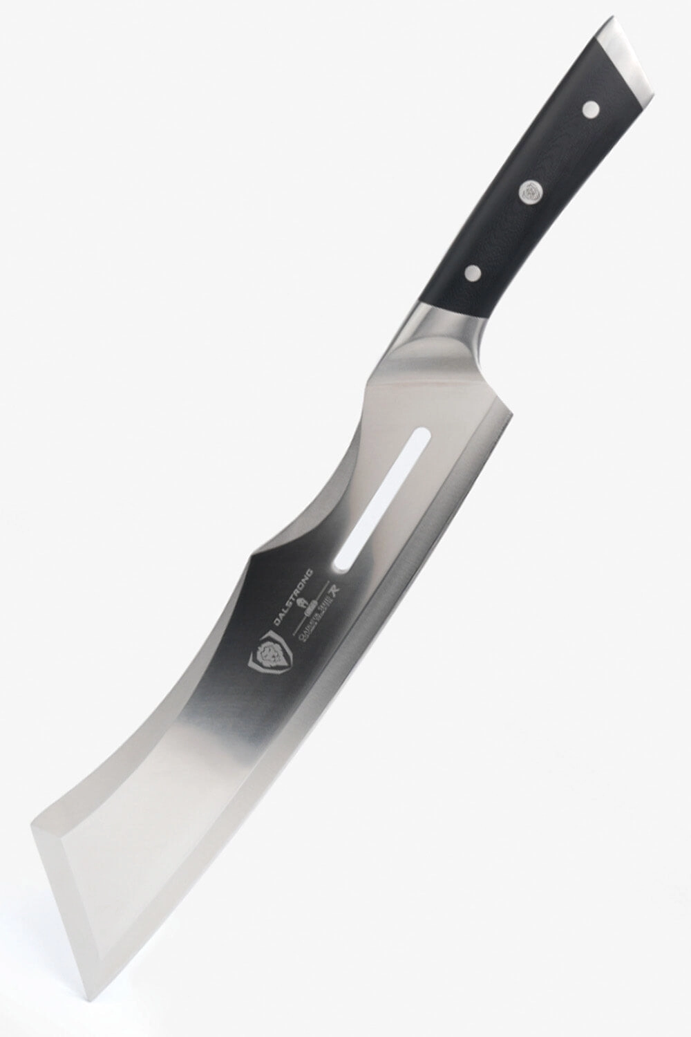 Annihilator 14 inch cleaver standing on its acacia stand
